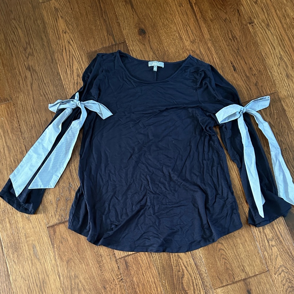 marled by reunited bow detail cold shoulder top - Size 1x - Navy Blue